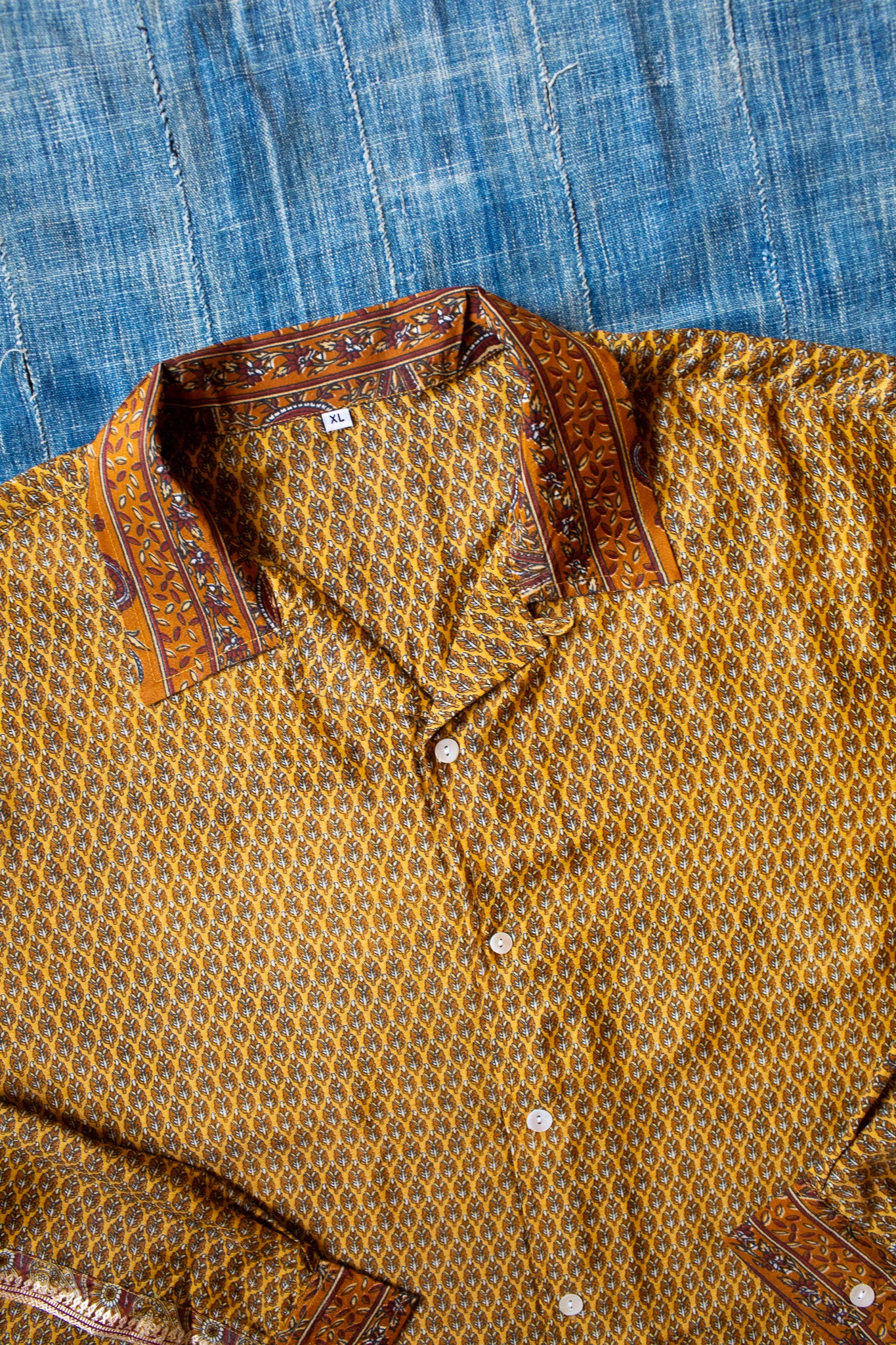 Brown and Mustard Yellow Silk Kantha Camp Shirt