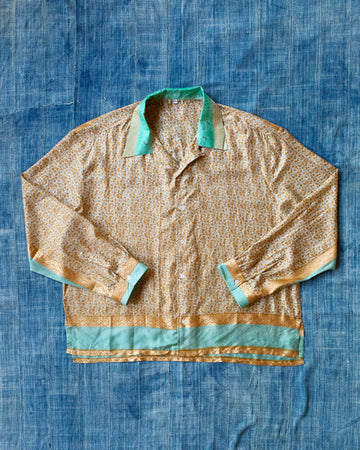 Beige and Mint Floral-patterned Silk Kantha Camp Shirt