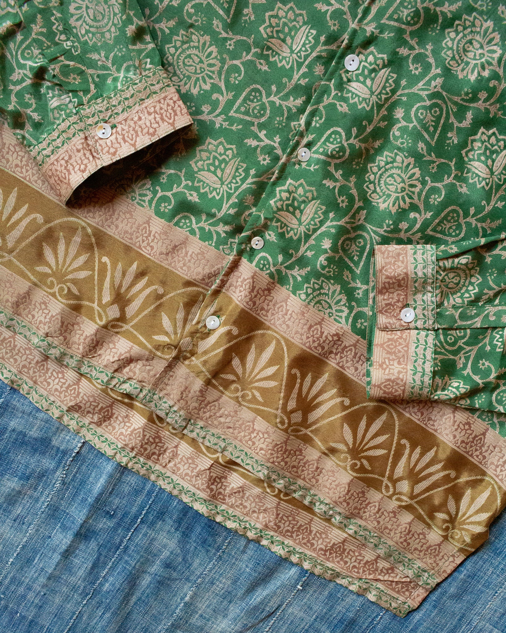 Green and Tan Pattern Silk Kantha Camp Shirt