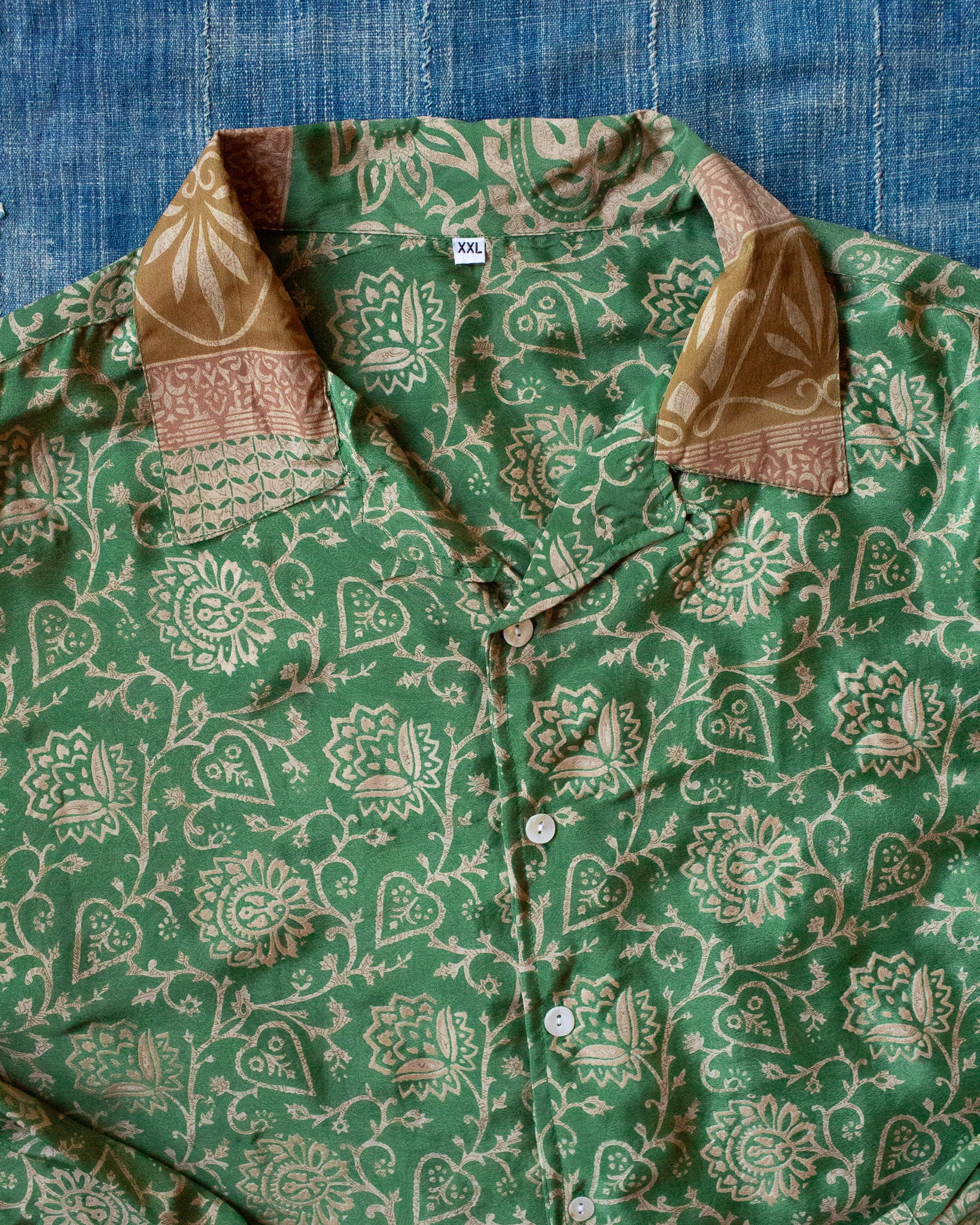 Green and Tan Pattern Silk Kantha Camp Shirt
